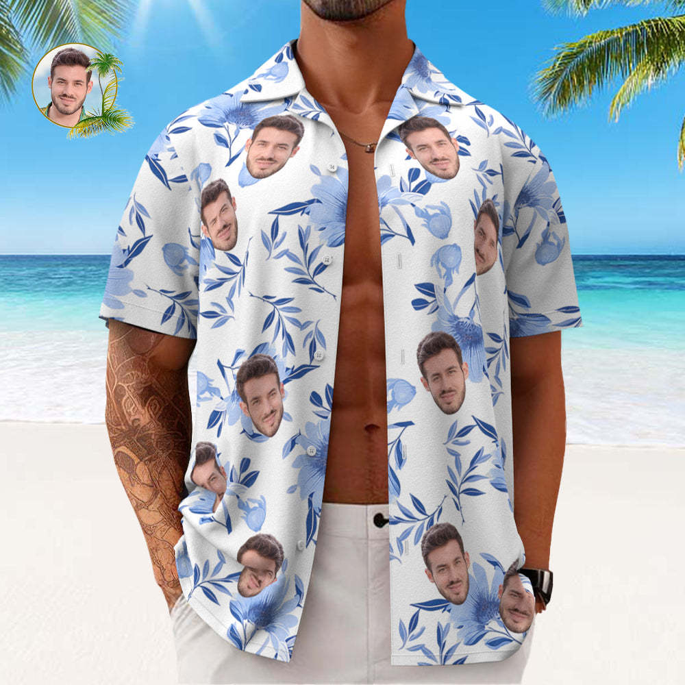 Custom Face All Over Print Men's Hawaiian Shirt Blue Leaves Gift for Him - MyFaceSocks