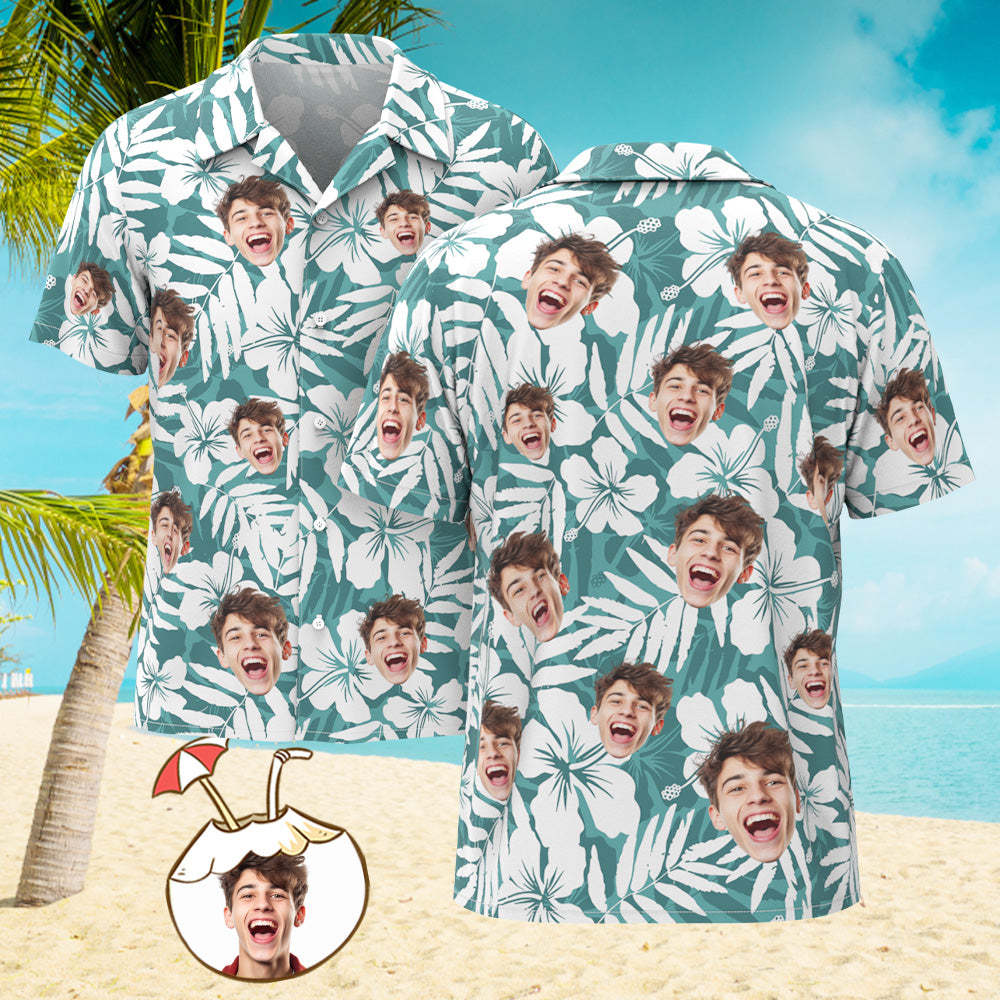 Custom Men's Shirt Face All Over Print Hawaiian Shirt White Green Large Leaves - MyFaceSocks