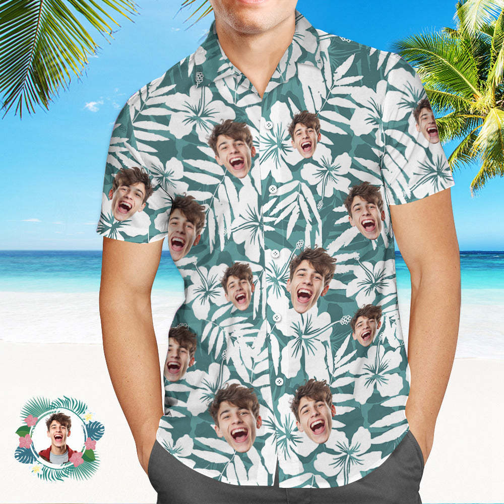 Custom Men's Shirt Face All Over Print Hawaiian Shirt White Green Large Leaves - MyFaceSocks