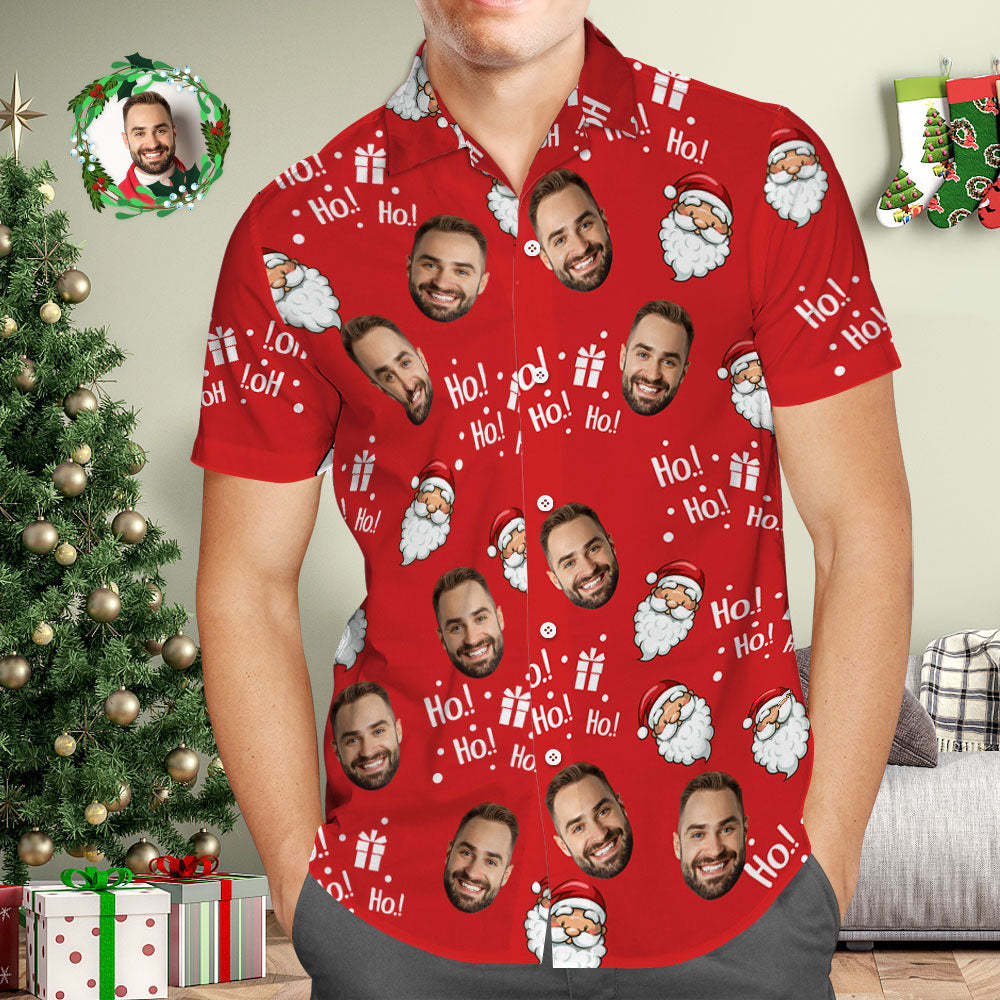 Custom Face Men's Hawaiian Shirt Personalized Photo Red Hawaiian Shirts Santa Claus HOHOHO Merry Christmas - MyFaceSocks