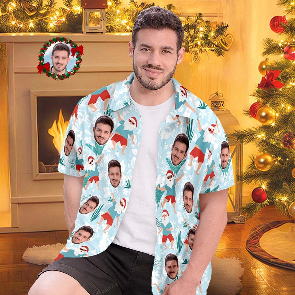 Custom Face All Over Print Men's Hawaiian Shirt Cheerful Dancing Santa Christmas Hawaiian Shirt - MyFaceSocks