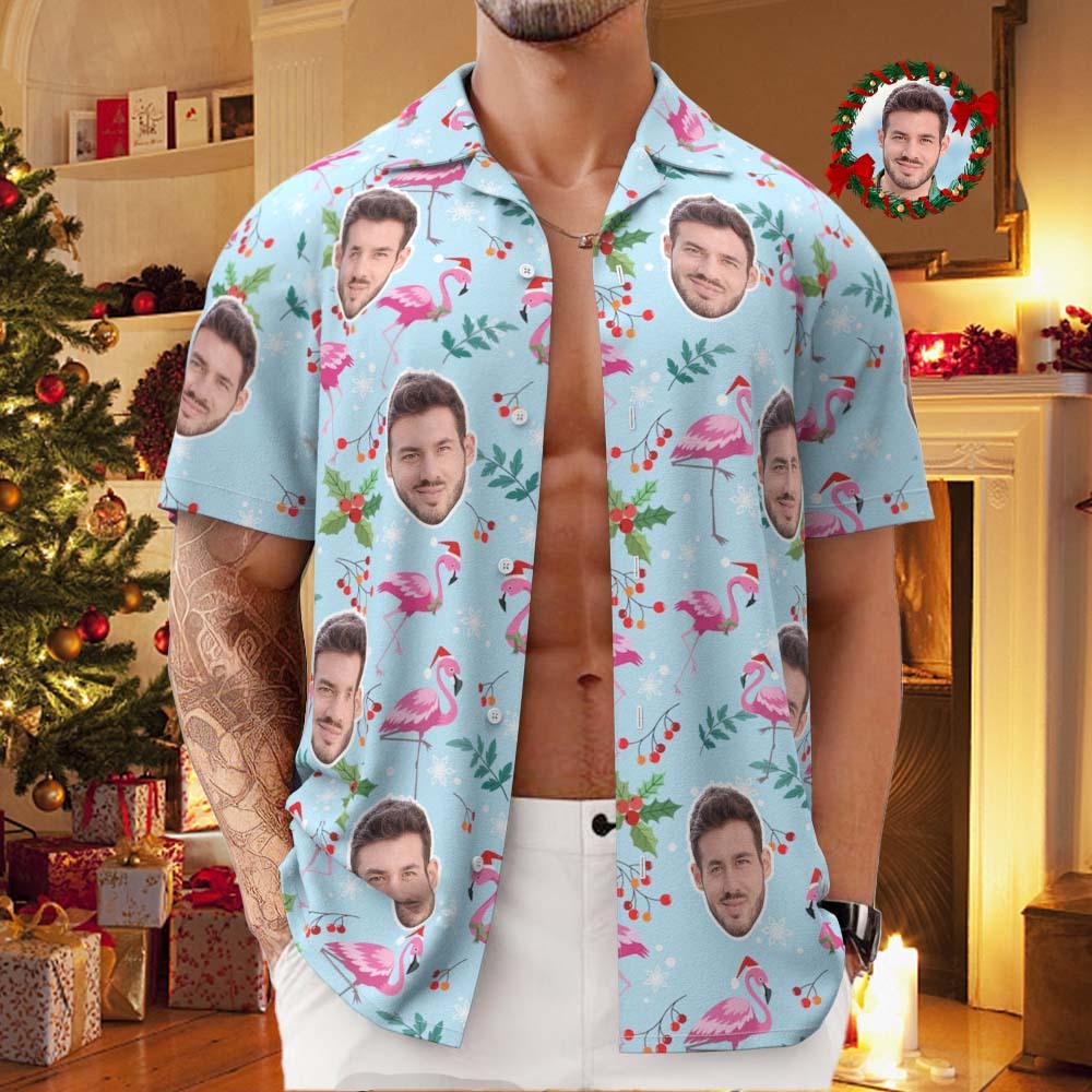 Custom Face All Over Print Men's Hawaiian Shirt Christmas Flamingo Seamless Pattern Hawaiian Shirt - MyFaceSocks