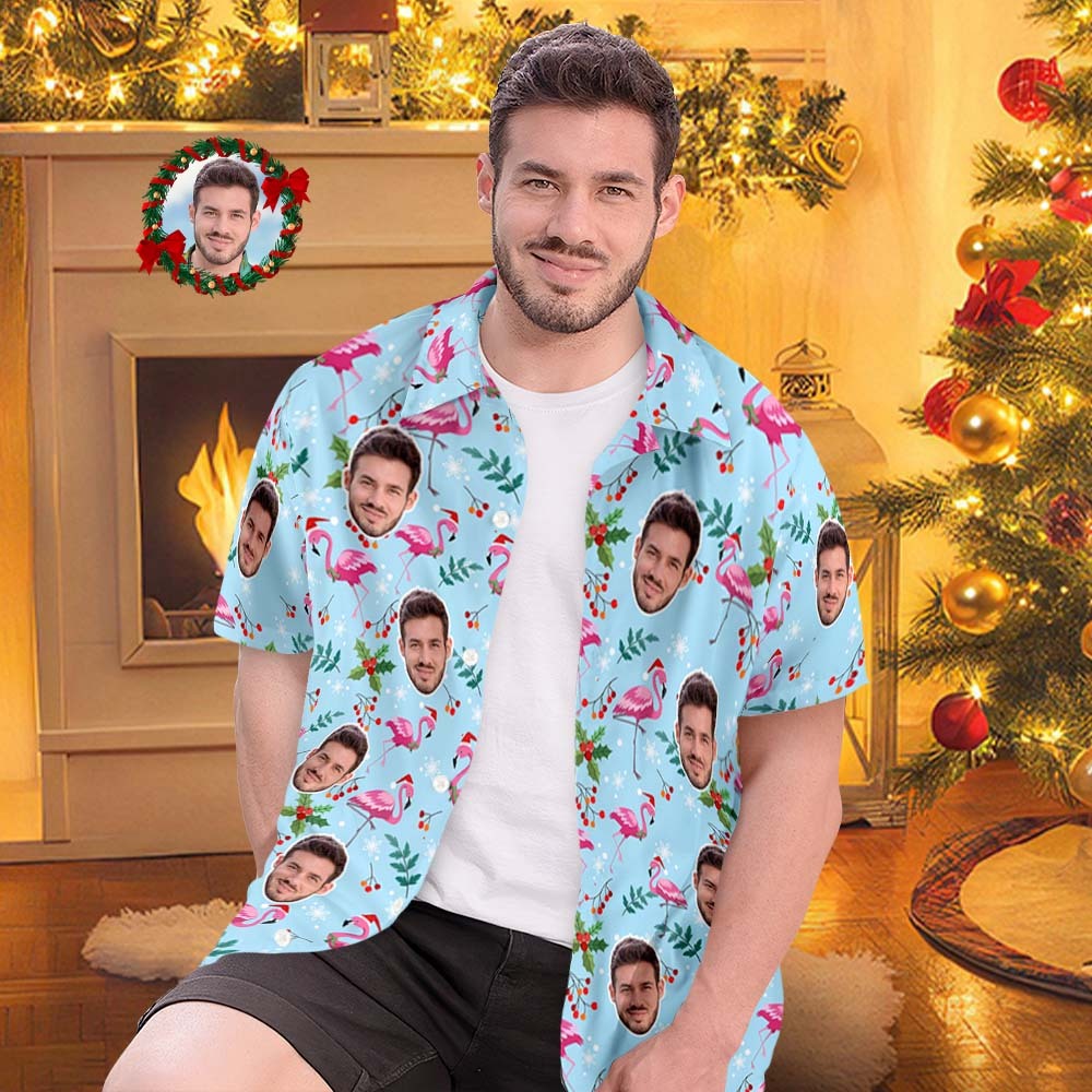 Custom Face All Over Print Men's Hawaiian Shirt Christmas Flamingo Seamless Pattern Hawaiian Shirt - MyFaceSocks
