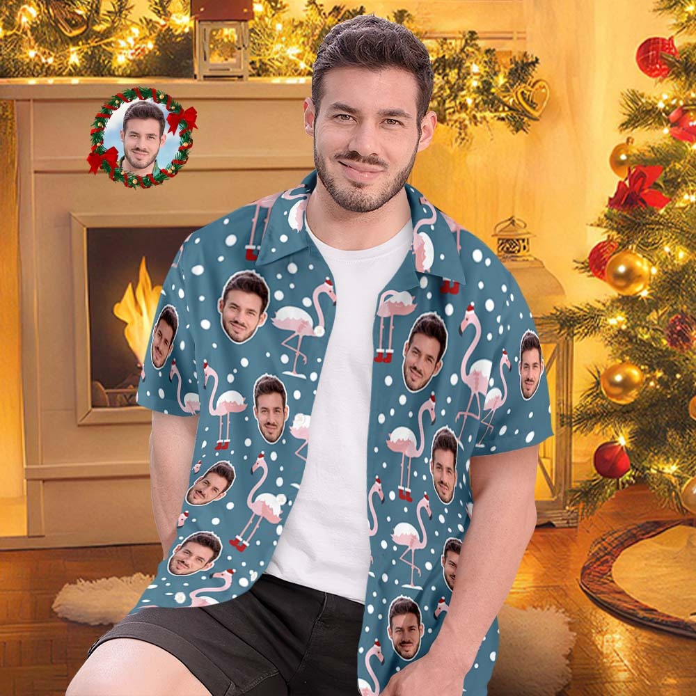 Custom Face All Over Print Men's Hawaiian Shirt Flamingo In Santa Hat Christmas Shirt - MyFaceSocks