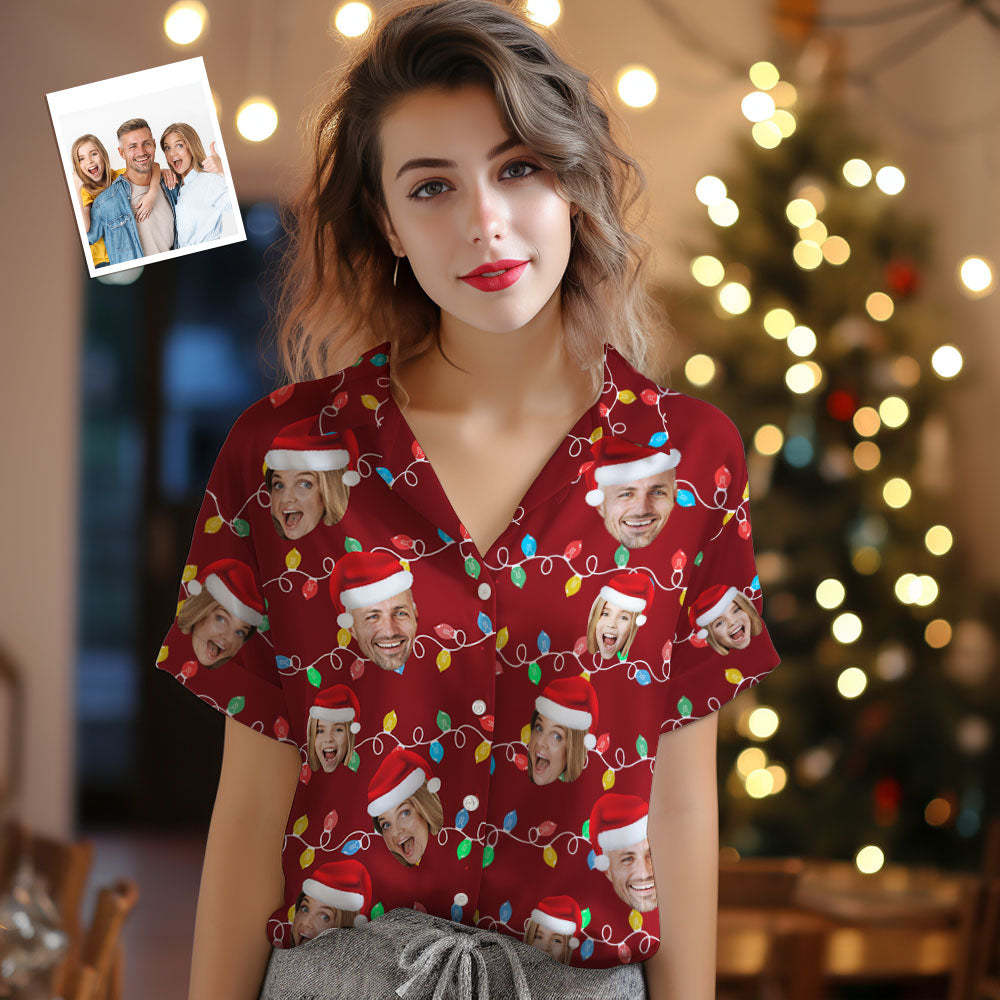 Custom Face Women's Hawaiian Shirts Personalized Photo Christmas Family Xmas Leds Aloha Shirts - MyFaceSocks