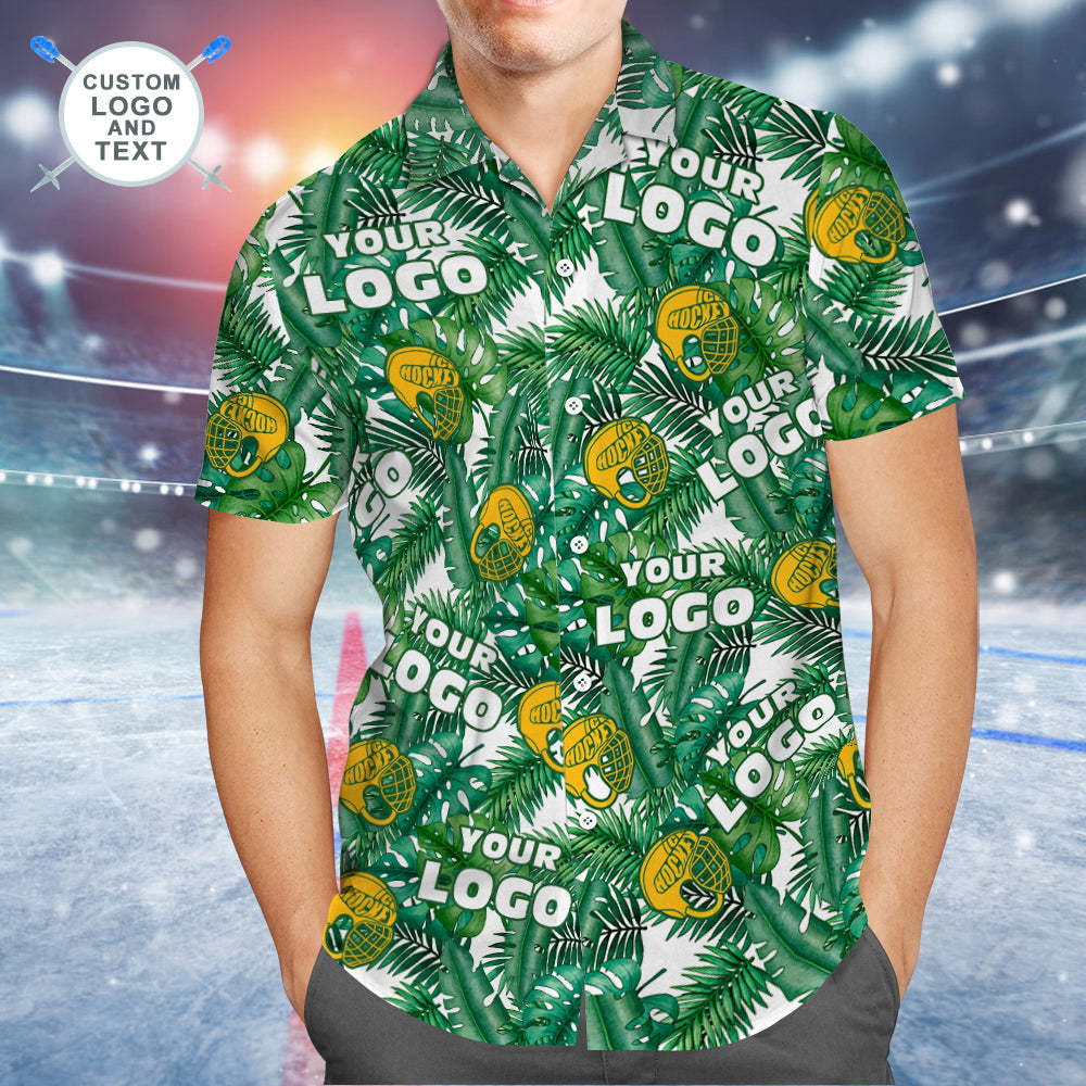 Custom Logo Hawaiian Shirt Men's All Over Print Aloha Shirt Team Shirt - Tropical Ice Hockey Yellow Helmet
