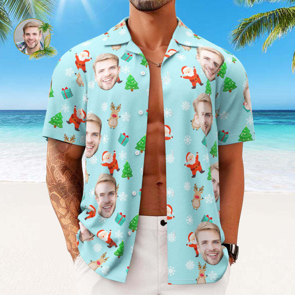 Custom Face Hawaiian Shirts Personalized Photo Gift Men's Christmas Shirts Cute Santa Claus and Reindeer - MyFaceSocks