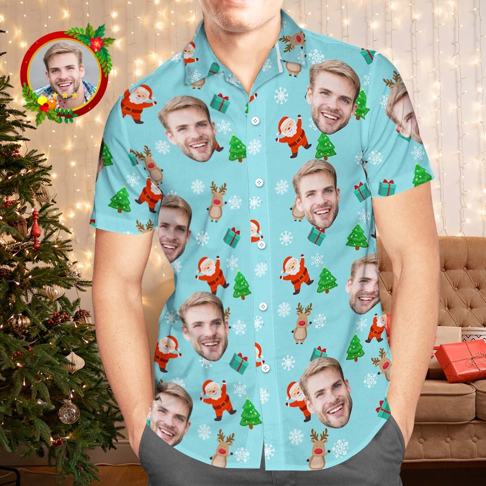 Custom Face Hawaiian Shirts Personalized Photo Gift Men's Christmas Shirts Cute Santa Claus and Reindeer - MyFaceSocks