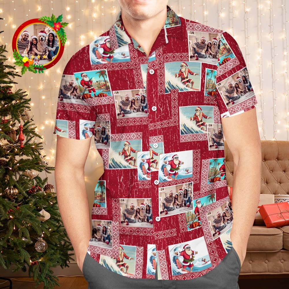 Custom Photo Hawaiian Shirts Personalized Photo Gift Men's Christmas Shirts Happy Family - MyFaceSocks
