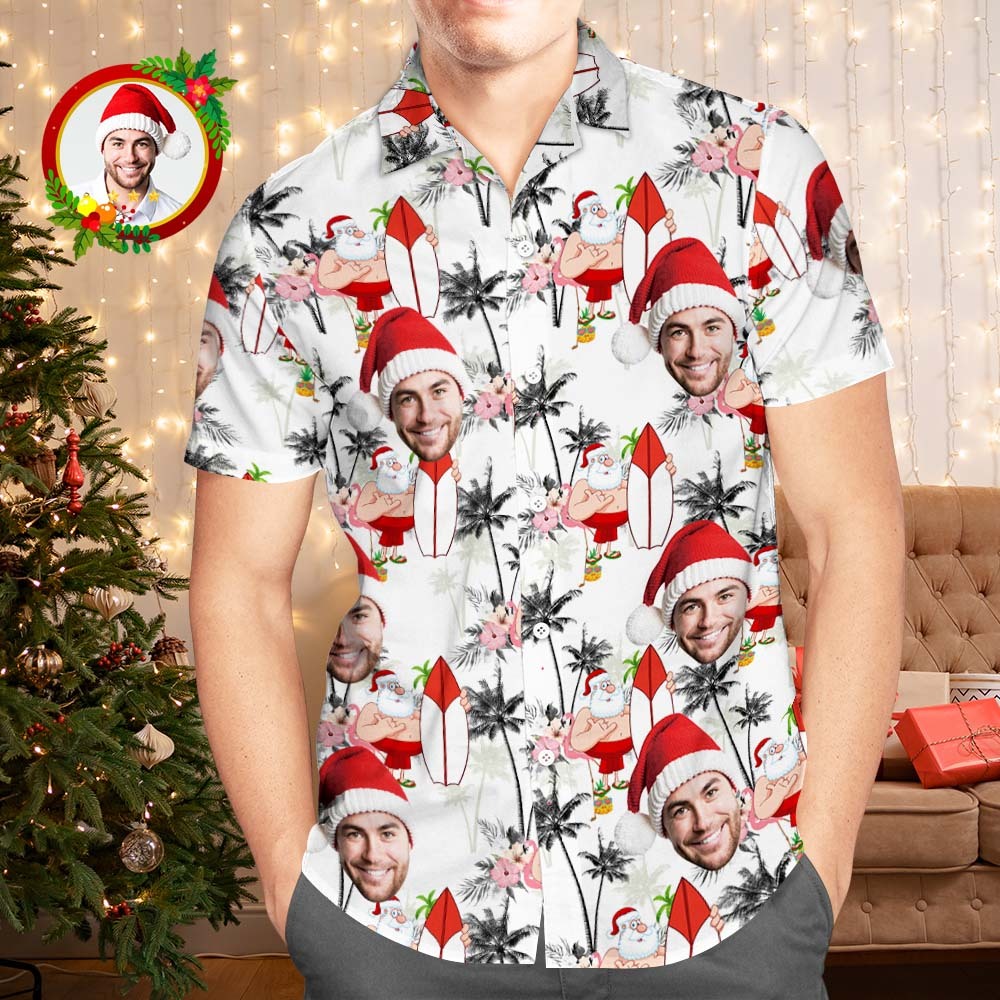 Custom Face Hawaiian Shirts Personalized Photo Gift Men's Christmas Shirts Vacation Santa and Flamingos - MyFaceSocks
