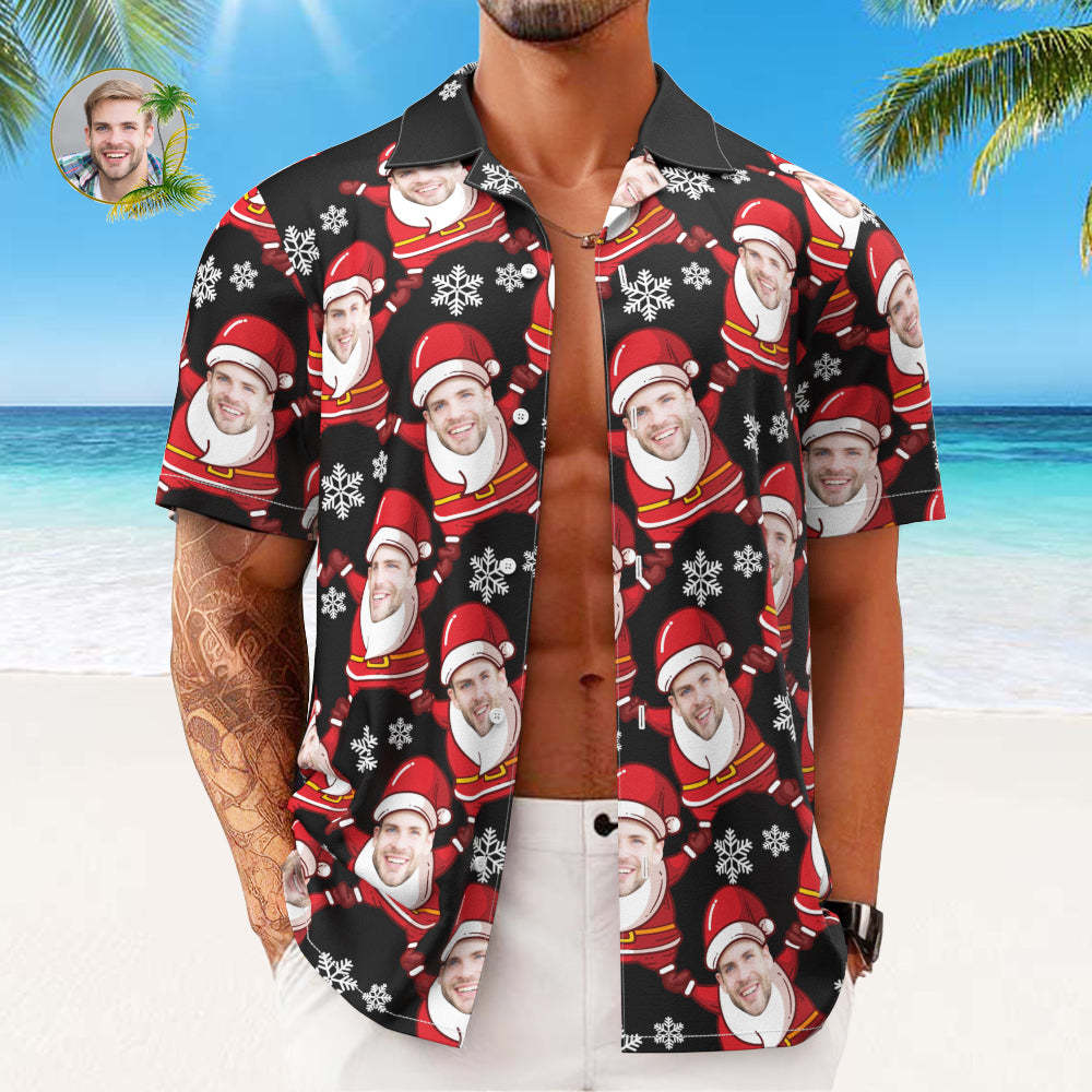 Custom Face Hawaiian Shirts Personalized Photo Gift Men's Christmas Shirts Santa Claus and Snowflake - MyFaceSocks