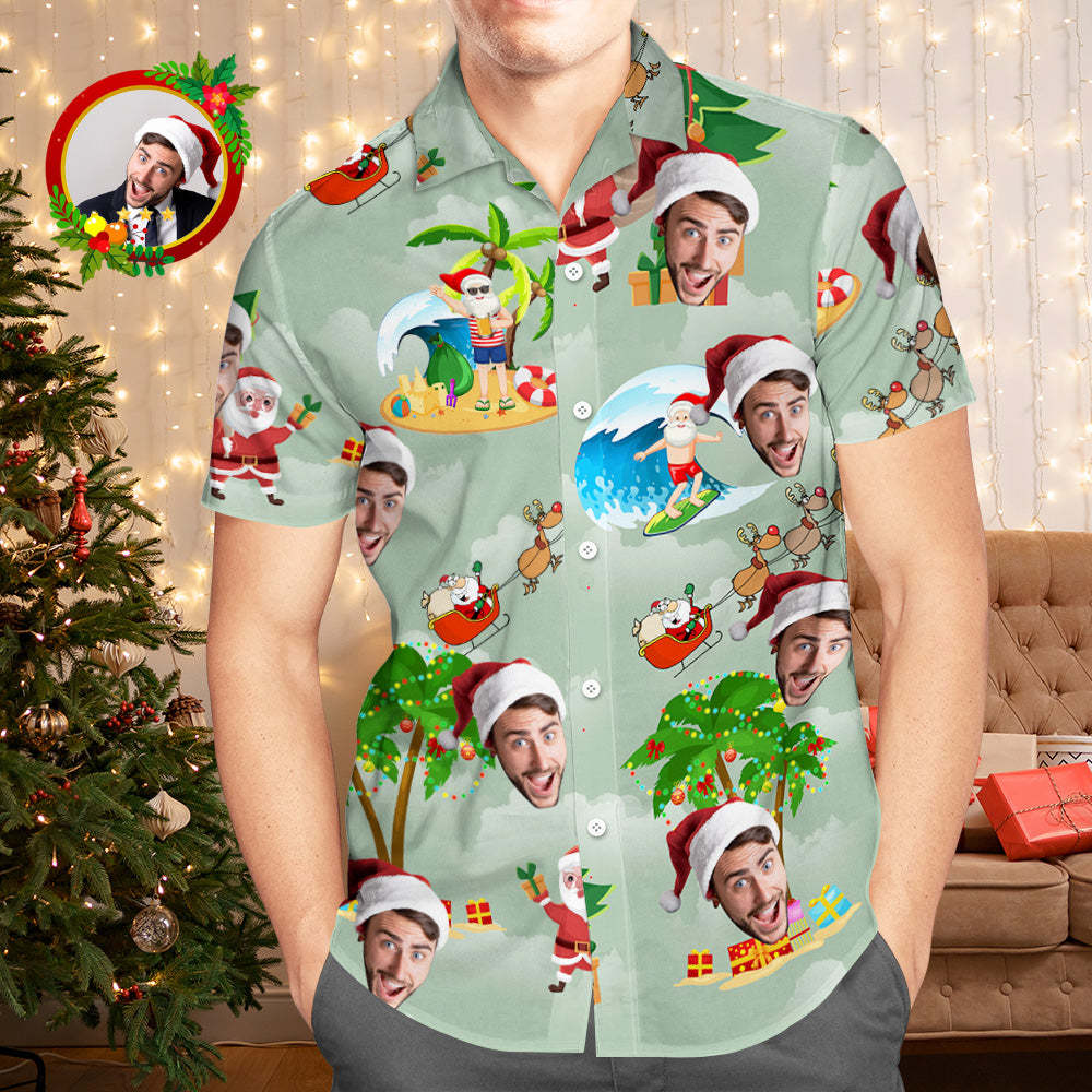 Custom Face Hawaiian Shirts Personalized Photo Gift Men's Christmas Shirts Surfing Vacation Santa - MyFaceSocks