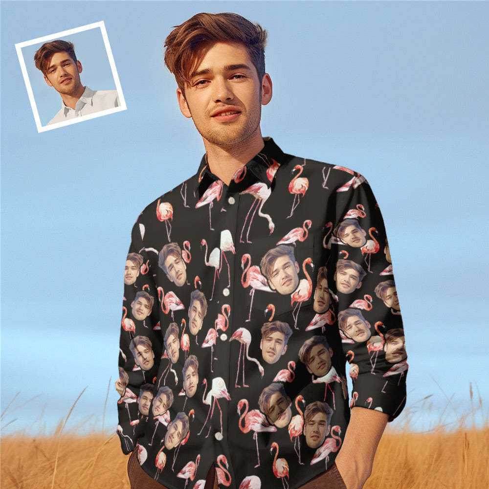 Custom Photo Long Sleeve Shirts Personalized Photo Gift Men's Valentine's Day Gift - Flamingos - MyFaceSocks