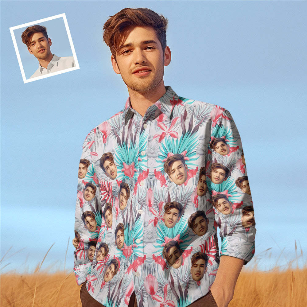 Custom Photo Long Sleeve Shirts Personalized Photo Gift Men's Valentine's Day Gift - Tropical Flower - MyFaceSocks
