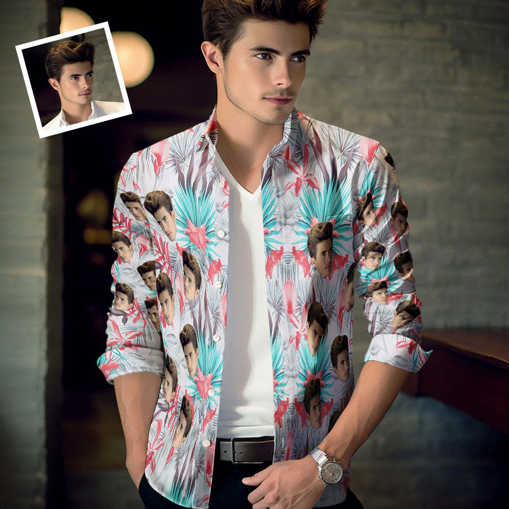 Custom Photo Long Sleeve Shirts Personalized Photo Gift Men's Valentine's Day Gift - Tropical Flower - MyFaceSocks