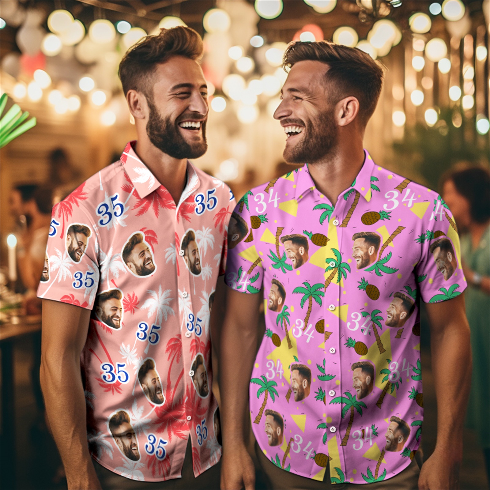 Custom Face And Number Birthday Present Hawaiian Shirts Coconut Tree Shirts Summer Vacation Group Gift