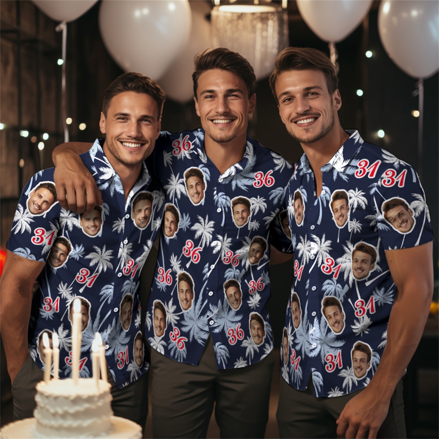 Custom Face And Number Birthday Present Hawaiian Shirts Coconut Tree Shirts Summer Day Group Gifts
