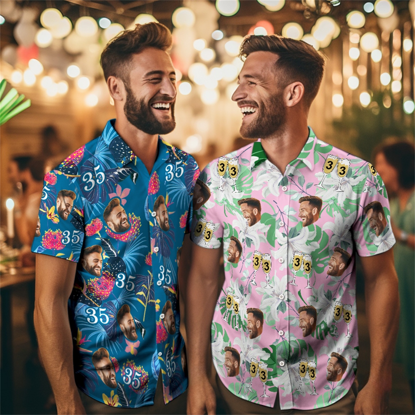Custom Face And Number Birthday Present Hawaiian Shirts Coconut Tree Shirts Summer Day Group Gifts