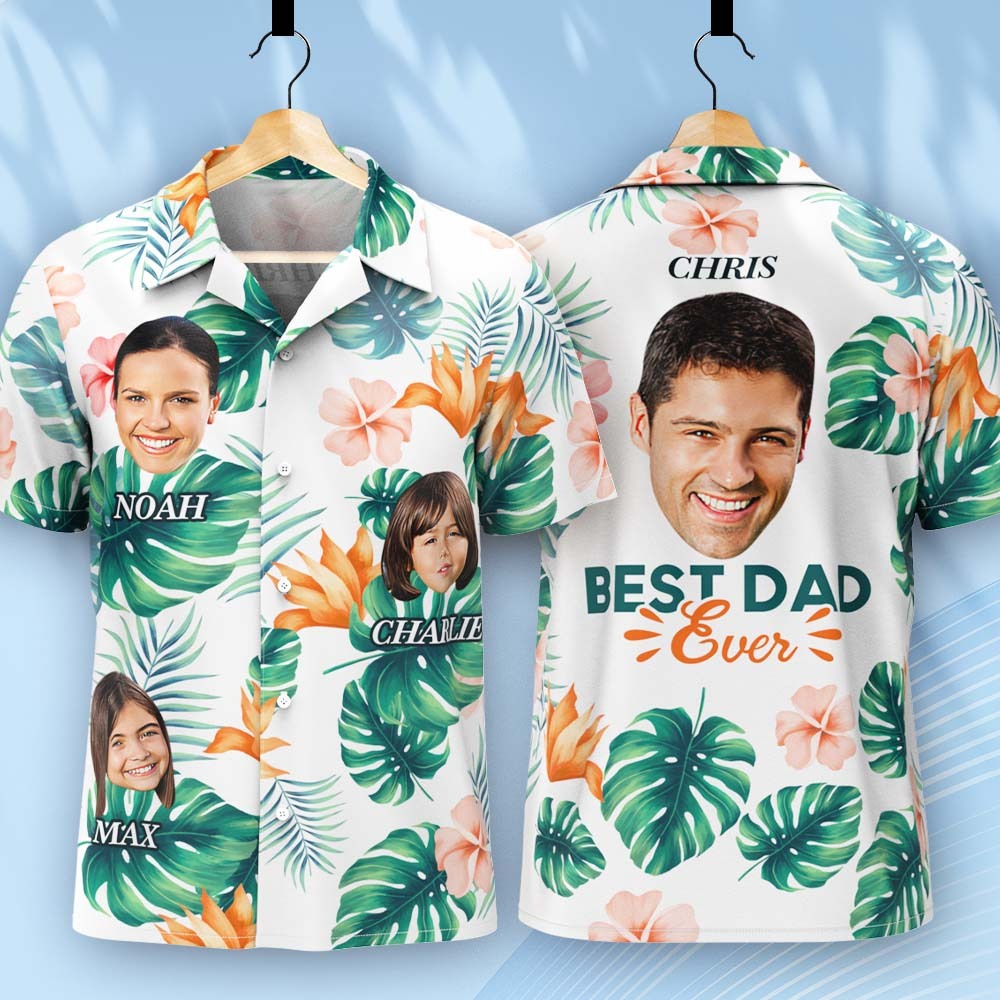 Custom Multi Photo Face And Text Hawaiian Shirt With Palm Leaves And Colorful Flowers - MyFaceSocks