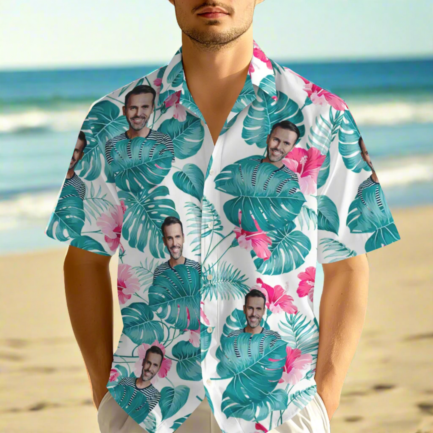 Custom Photo Blue Leaves Hawaiian Shirt  Personalized Face Flamingo Hawaiian Shirt