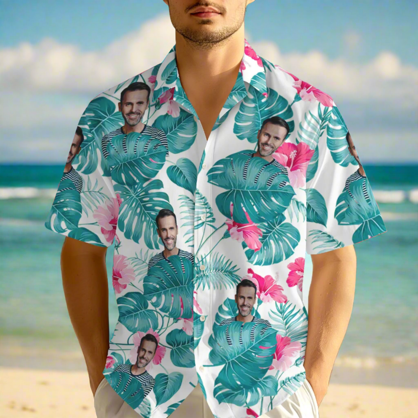 Custom Photo Blue Leaves Hawaiian Shirt  Personalized Face Flamingo Hawaiian Shirt