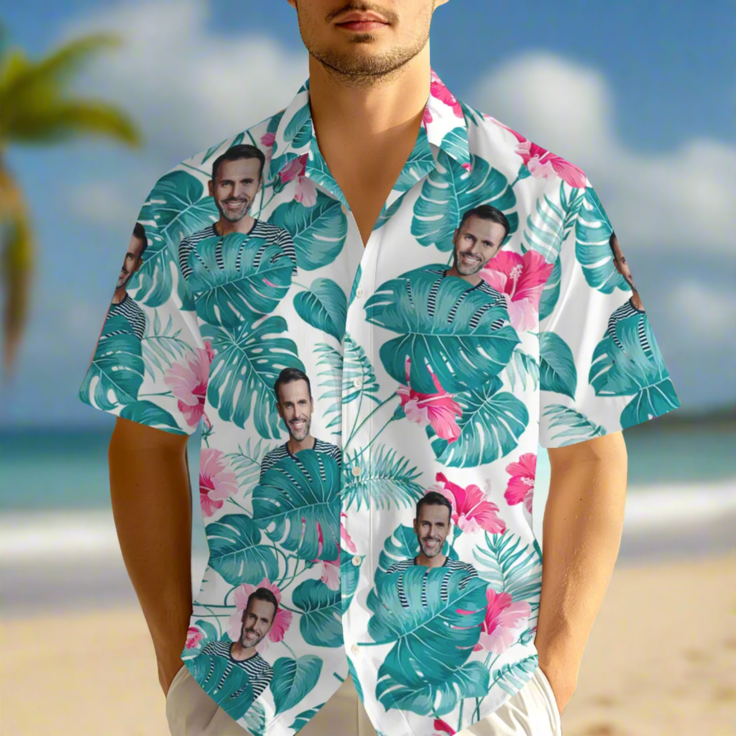Custom Photo Blue Leaves Hawaiian Shirt  Personalized Face Flamingo Hawaiian Shirt