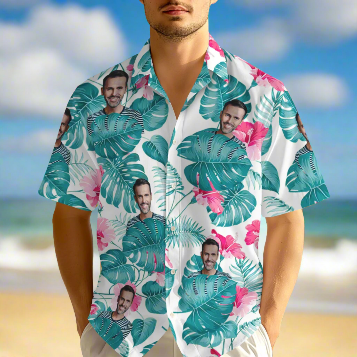 Custom Photo Blue Leaves Hawaiian Shirt  Personalized Face Flamingo Hawaiian Shirt