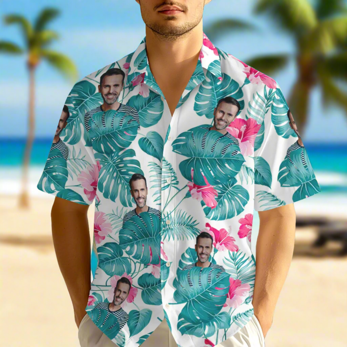 Custom Photo Blue Leaves Hawaiian Shirt  Personalized Face Flamingo Hawaiian Shirt