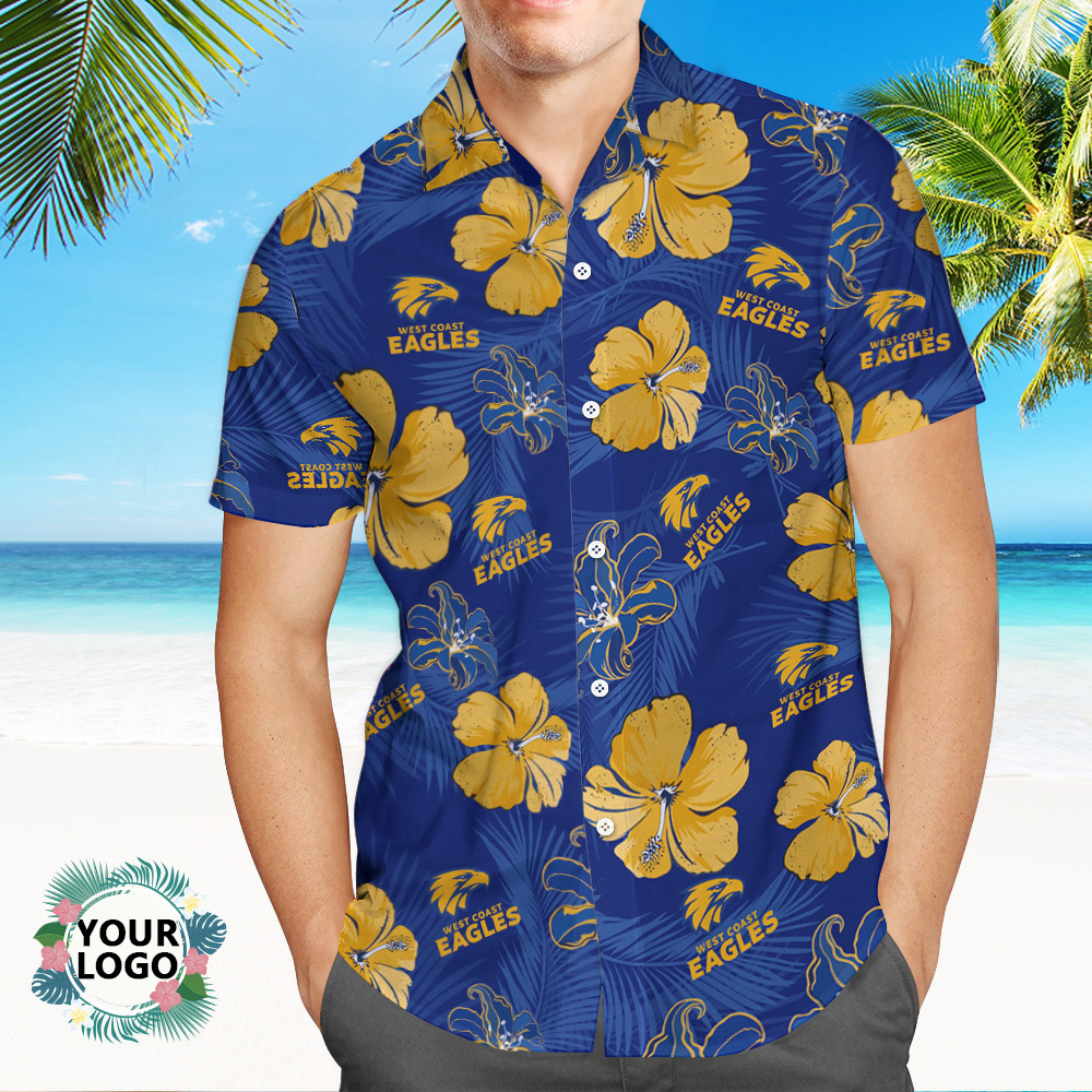 Custom Logo Hawaiian Shirts Colorful Leaves Aloha Beach Shirt Blue