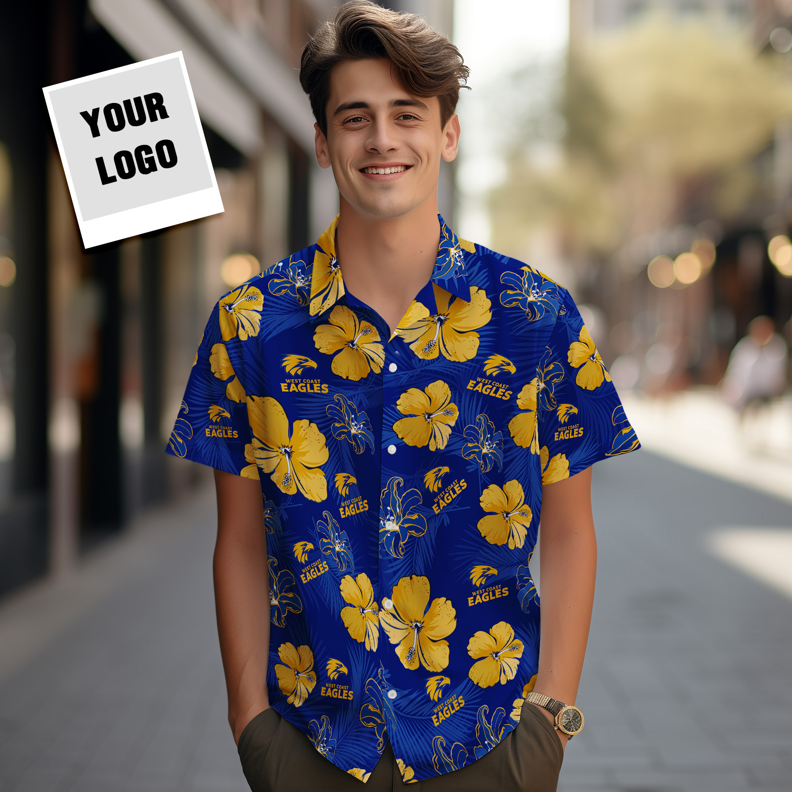 Custom Logo Hawaiian Shirts Colorful Leaves Aloha Beach Shirt Blue