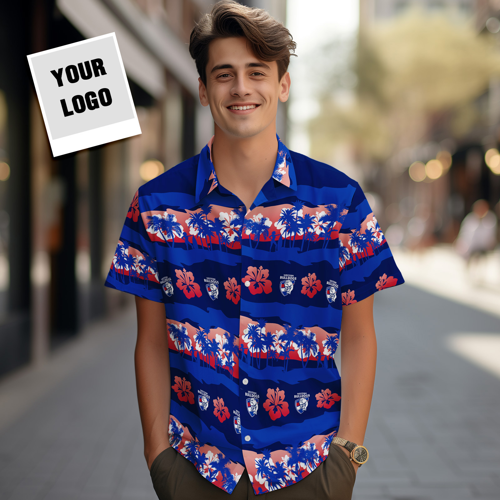 Custom Logo Hawaiian Shirts Colorful Leaves Aloha Beach Shirt Dark Blue