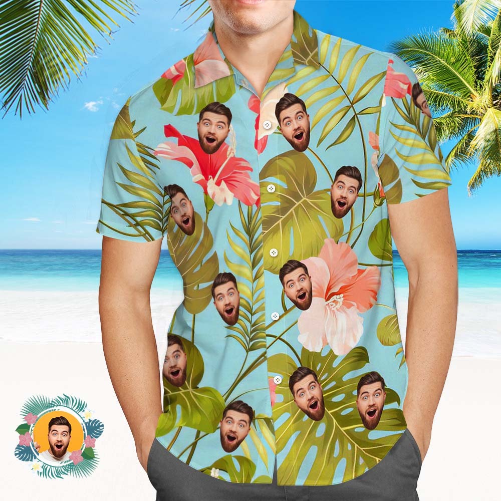 Custom Men Face Hawaiian Shirt Blossom Flowers And Blue Leaves Shirt Gift For Men - MyFaceSocks