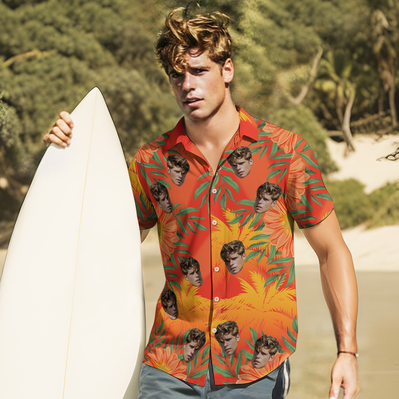 Custom Original Hawaiian Aloha Shirts Face Hawaiian Shirts Coconut Tree Shirts Summer Day Group Gifts Red Leaves