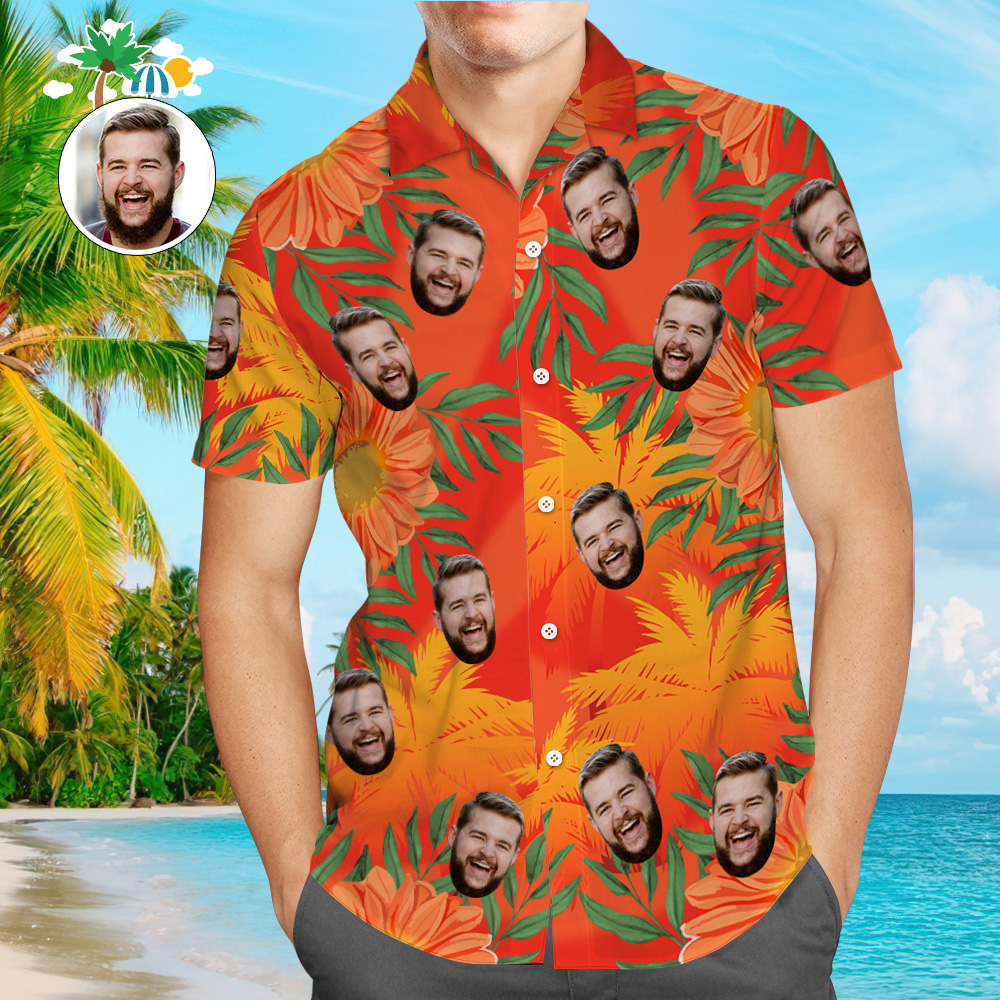 Custom Original Hawaiian Aloha Shirts Face Hawaiian Shirts Coconut Tree Shirts Summer Day Group Gifts Red Leaves