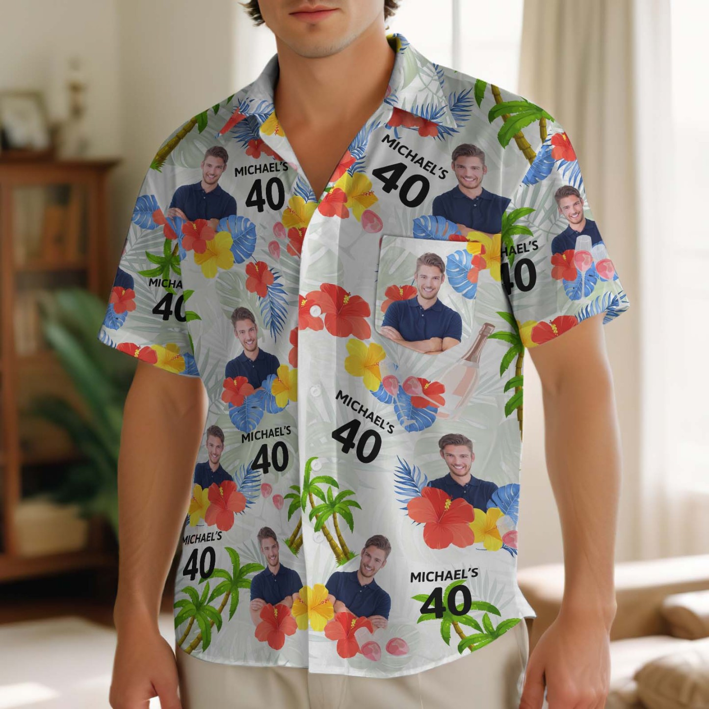 Custom Hawaiian Shirt With Face Personalized Gift For Lovers Tropical Summer Flamingo Aloha Shirt With Pocket