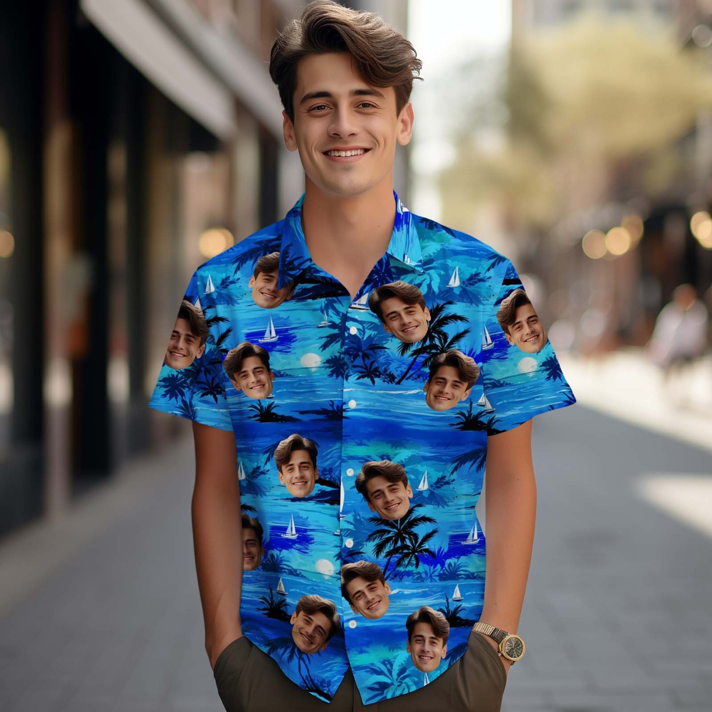 Custom Blue Island Men's Hawaiian Shirt Summer Hawaiian Shirt - MyFaceSocks