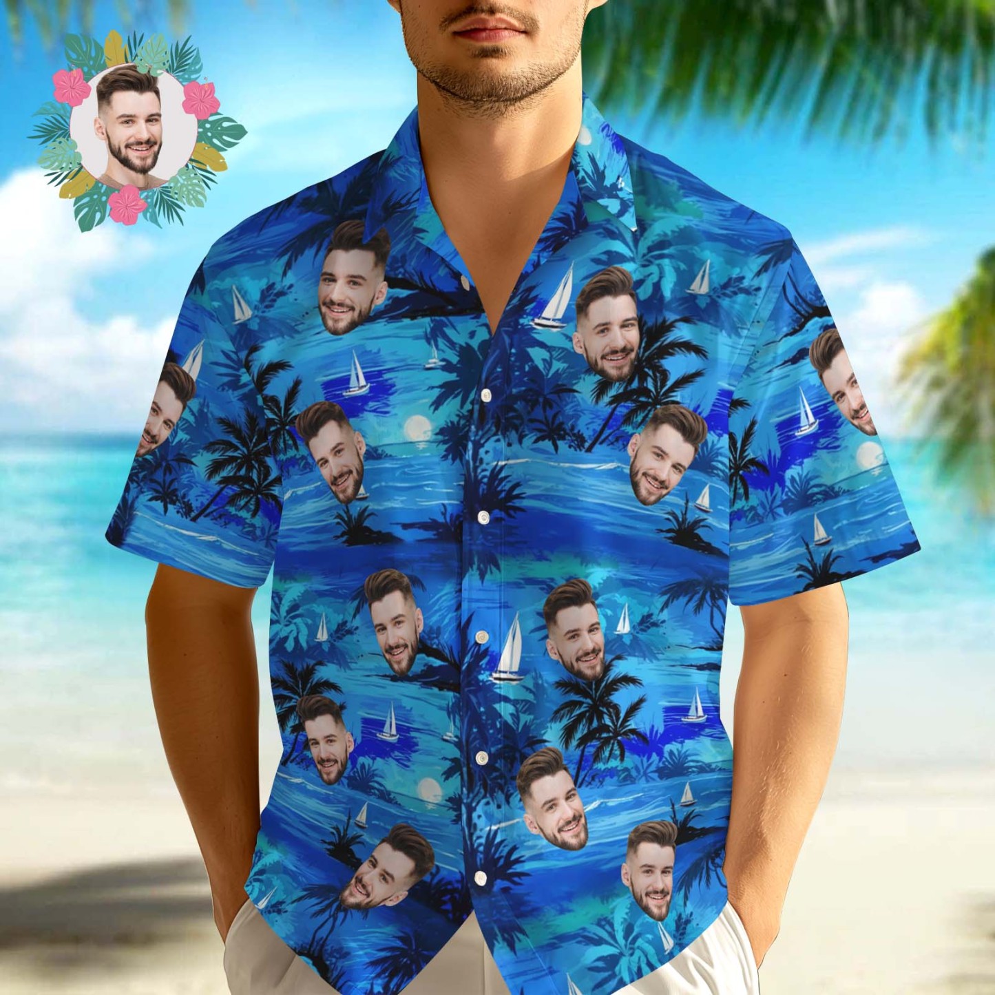 Custom Blue Island Men's Hawaiian Shirt Summer Hawaiian Shirt - MyFaceSocks