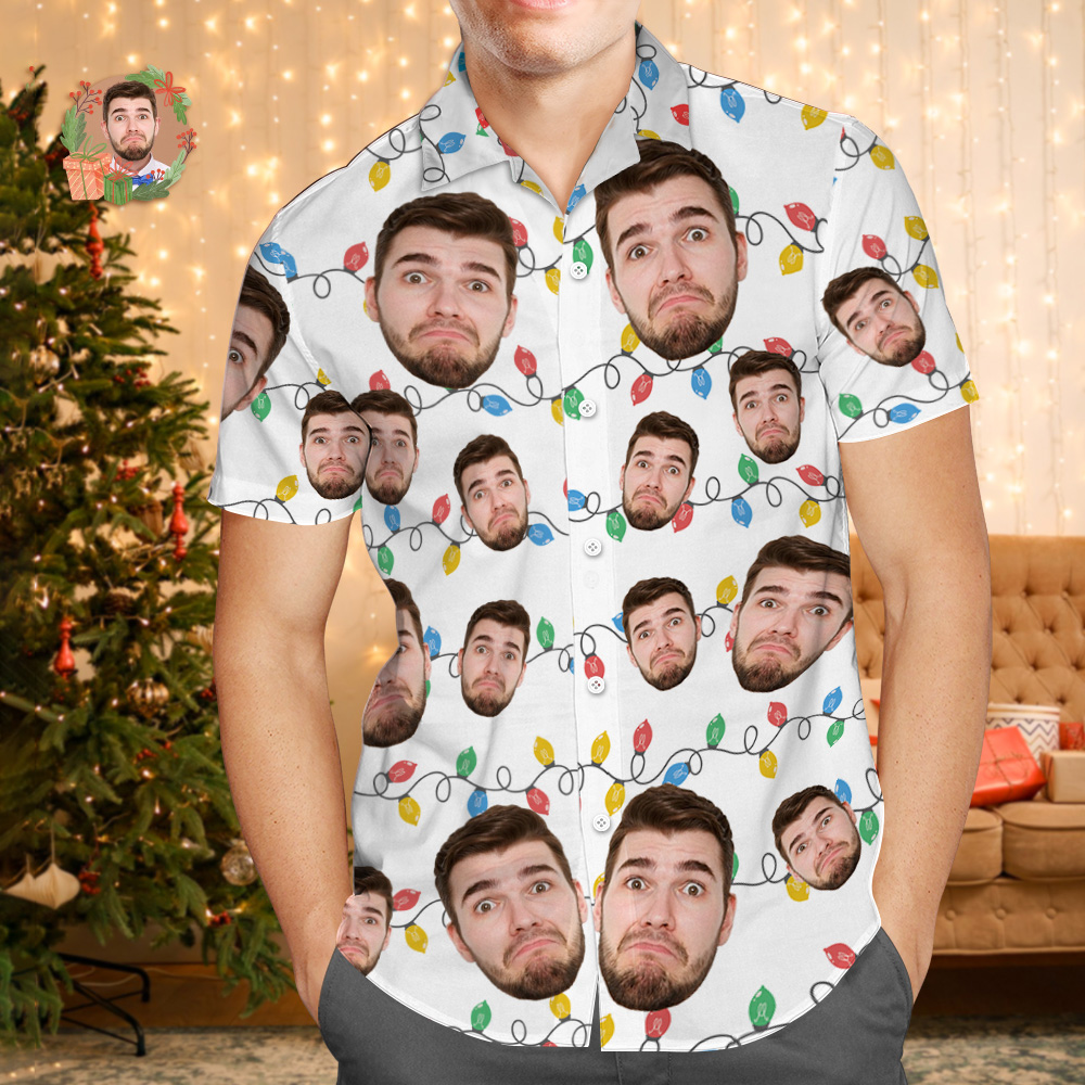 Custom Face Hawaiian Shirt Personalized Xmas Lights Flamingo Flowers And Leaves Beach Holiday Christmas Face Hawaiian Shirt