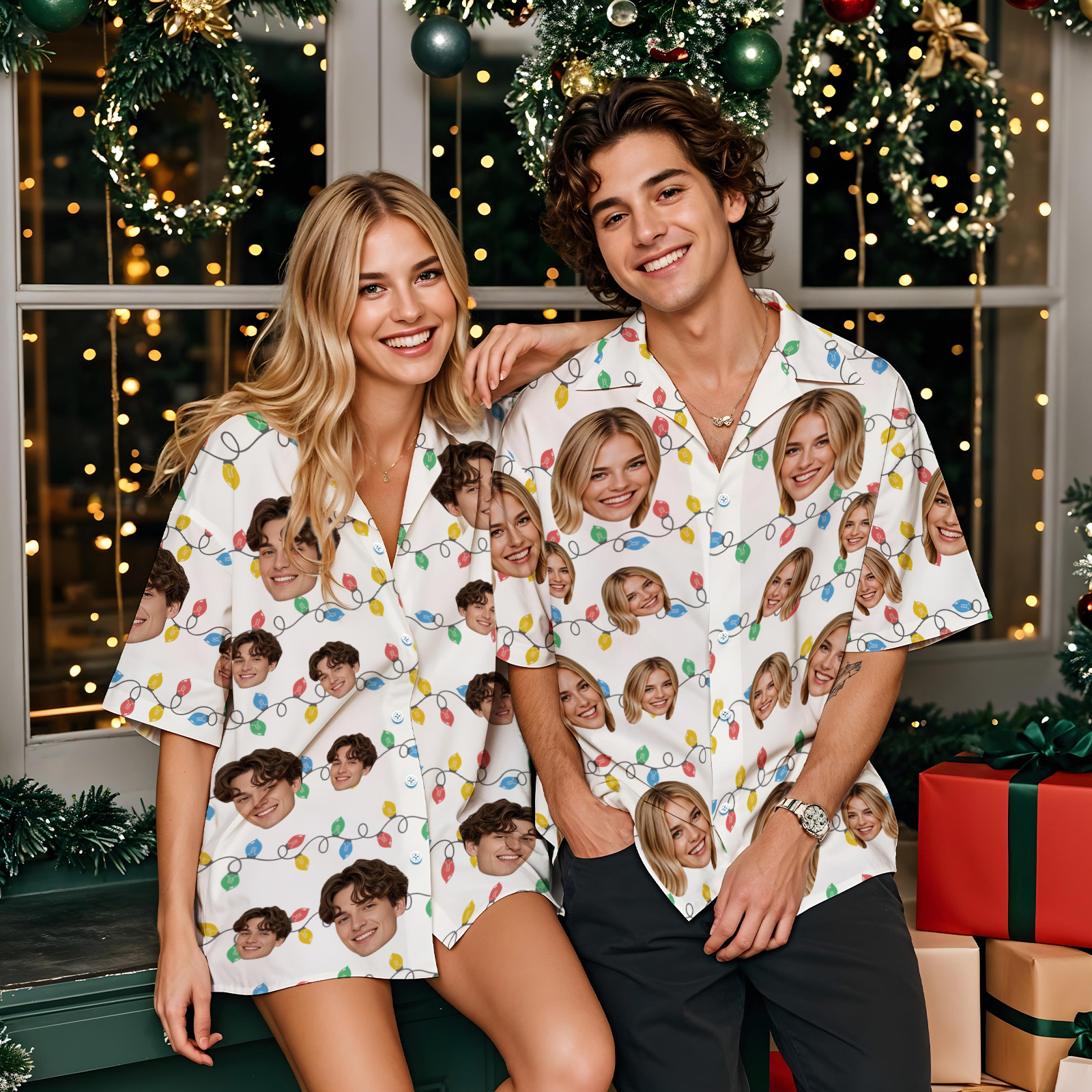 Custom Face Hawaiian Shirt Personalized Xmas Lights Flamingo Flowers And Leaves Beach Holiday Christmas Face Hawaiian Shirt