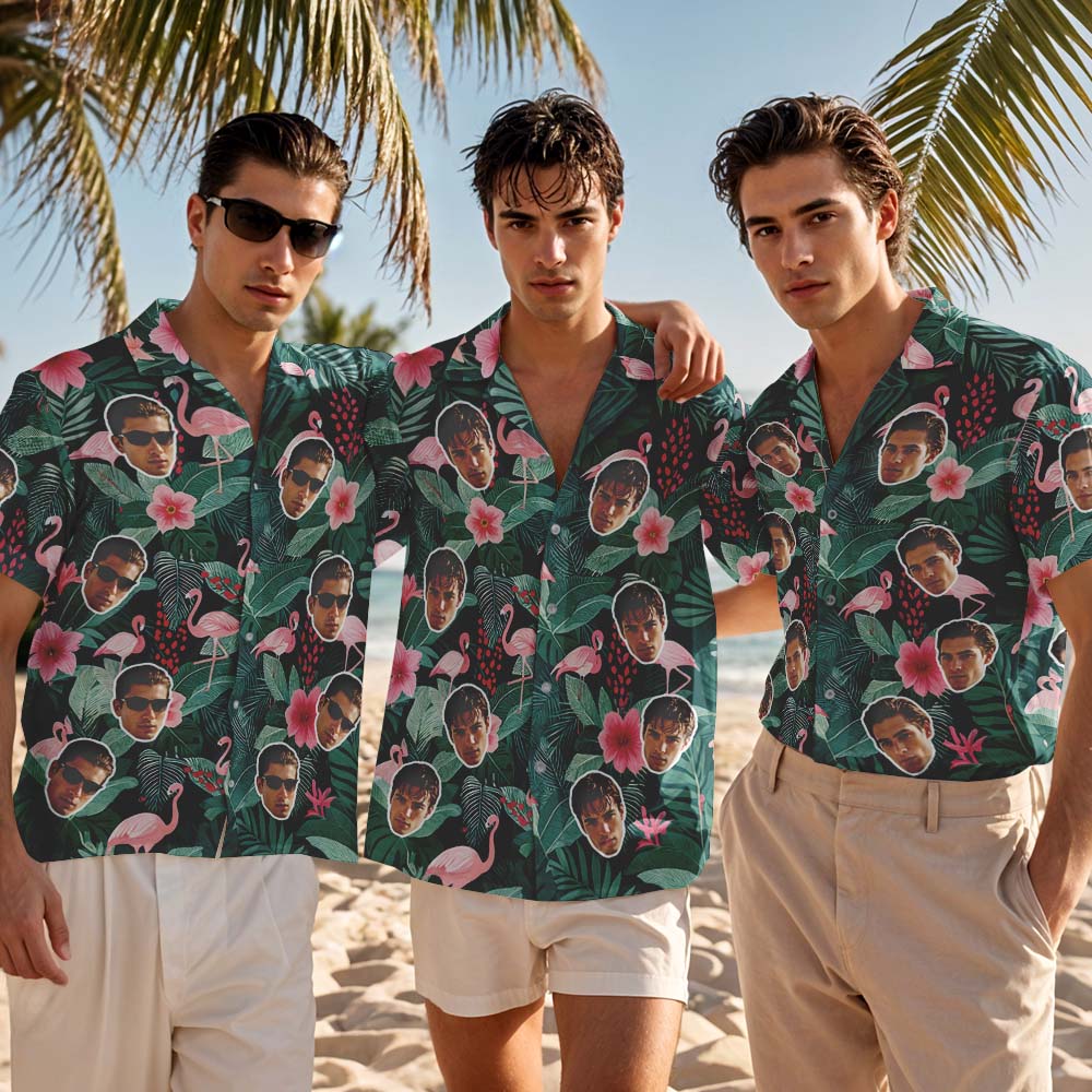Custom Hawaiian Shirt Green Flower Flamingo Photo Hawaiian Shirt Funny Vacation Party Shirts