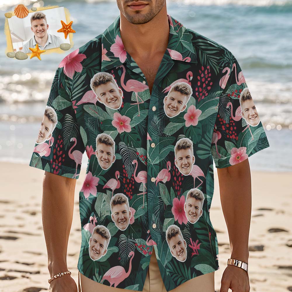 Custom Hawaiian Shirt Green Flower Flamingo Photo Hawaiian Shirt Funny Vacation Party Shirts