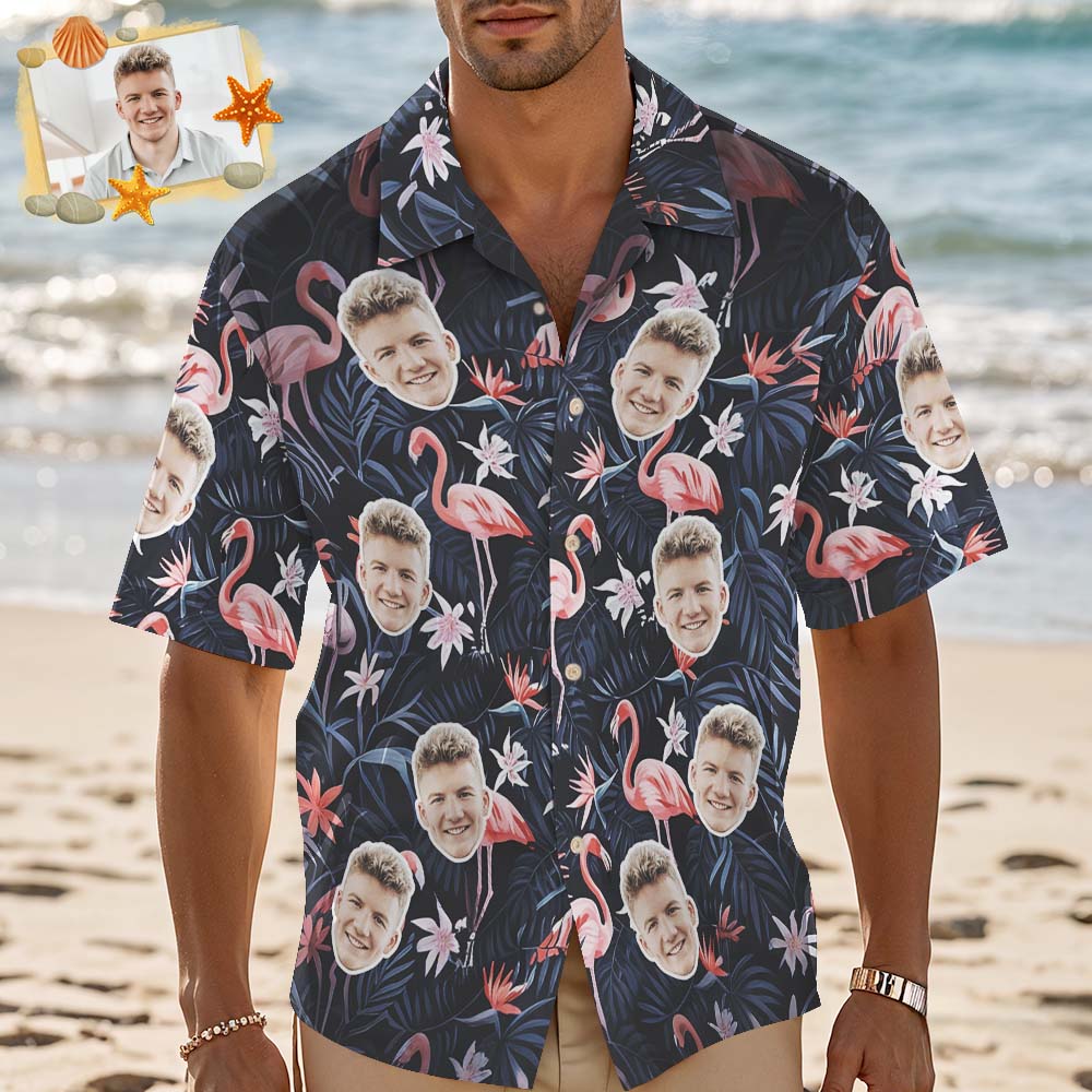 Custom Hawaiian Shirt Flower Flamingo Photo Hawaiian Shirt Dark Blue Funny Vacation Party Shirts