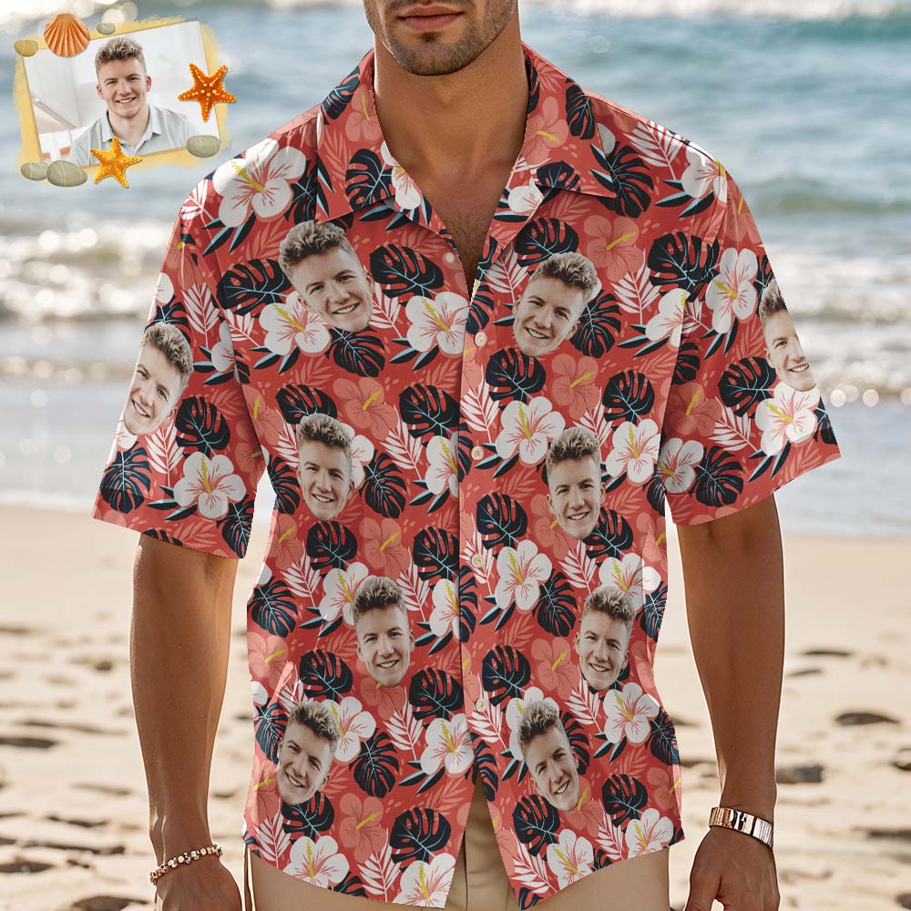 Custom Face Hawaiian Shirt Personalized Hawaii Style Red Flower Hawaiian Shirt Tropical Holiday Gifts