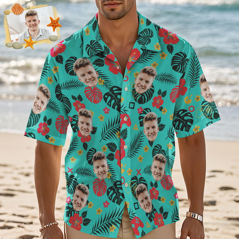 Custom Men Green Hawaiian Laves And Flowers Hawaiian Shirts Face Shirt Hawaii Pattern Shirt Gift for Summer Vibe Holiday - MyFaceSocks