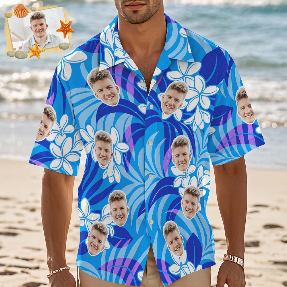 Custom Face Hawaiian Shirt Personalized Blue Flower Hawaiian Shirt Tropical Holiday Gifts