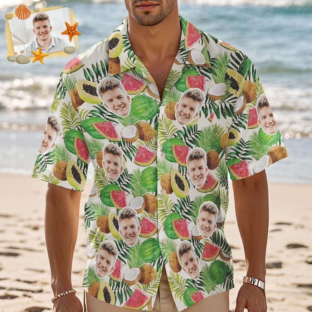 Custom Photo Green Hawaiian Shirt with Palm Leaves Pink Flower Hawaiian Shirt Personalized Tropical Gift - MyFaceSocks