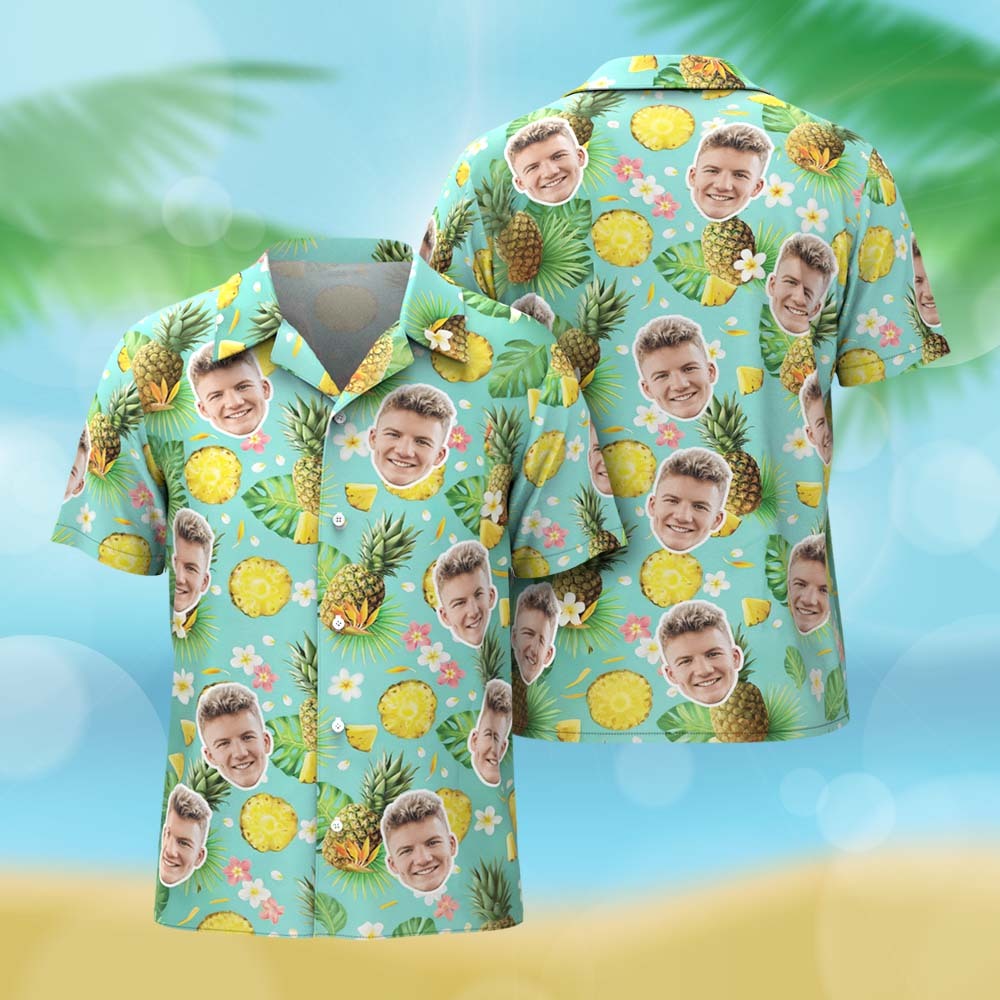 Custom Hawaiian Shirt Pineapple Green Shirt Personalized Photo Hawaiian Shirt Funny Vacation Party ShirtsCustom Hawaiian Shirt Blue leaves Personalized Face Hawaiian Shirt Funny Vacation Party Shirts