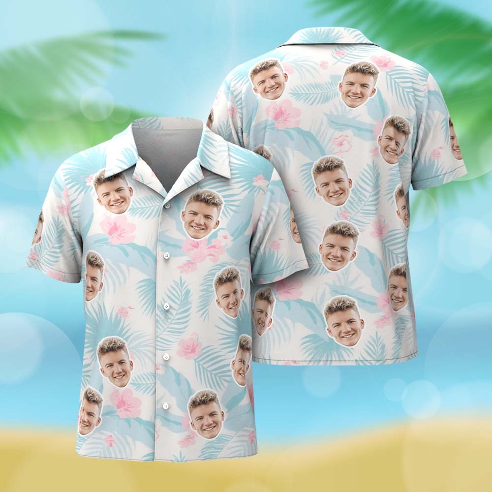 Custom Hawaiian Shirt Blue leaves Personalized Photo Hawaiian Shirt Funny Vacation Party Shirts Custom Hawaiian Shirt Blue leaves Personalized Photo Hawaiian Shirt Funny Vacation Party Shirts