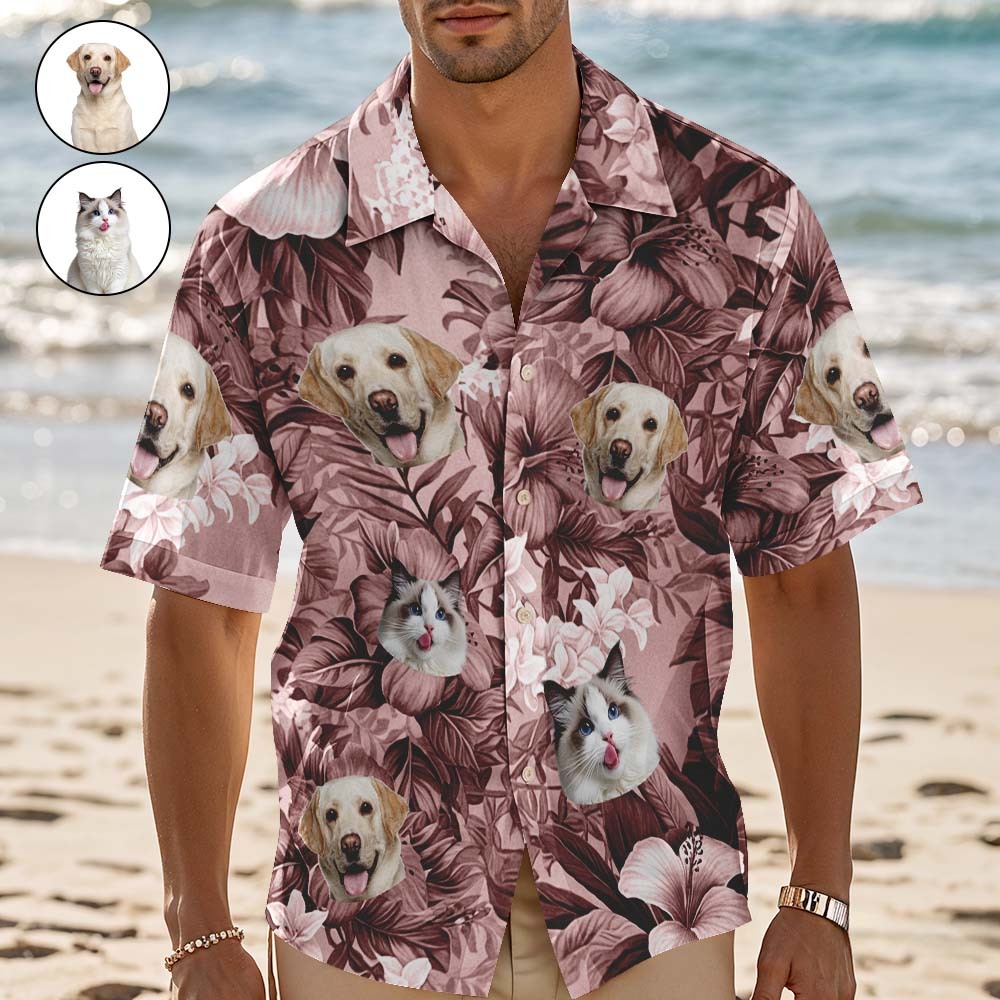 Custom Hawaiian Shirt Pink Leaves Personalized Photo Hawaiian Shirt Funny Vacation Party Shirts For Pets Lovers - MyFaceSocks