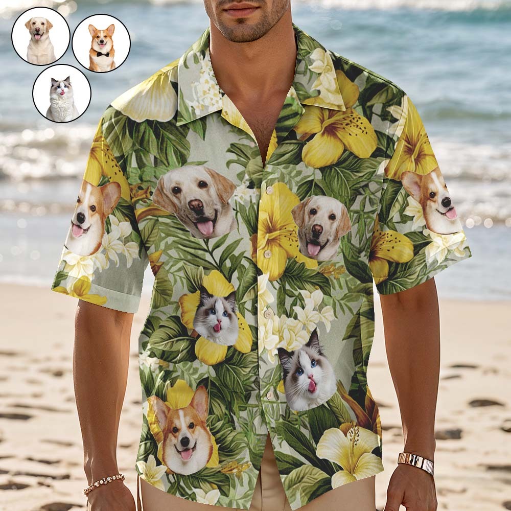 Custom Hawaiian Shirt Yellow Flowers Personalized Photo Hawaiian Shirt Funny Vacation Party Shirts For Pets Lovers - MyFaceSocks
